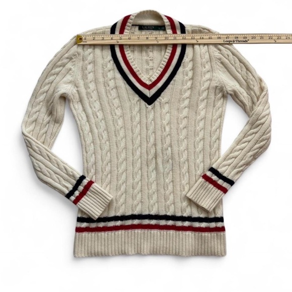 Women’s Lauren Ralph Lauren Cricket Tennis V Neck Pullover Cable Knit Sweater M - Picture 6 of 7